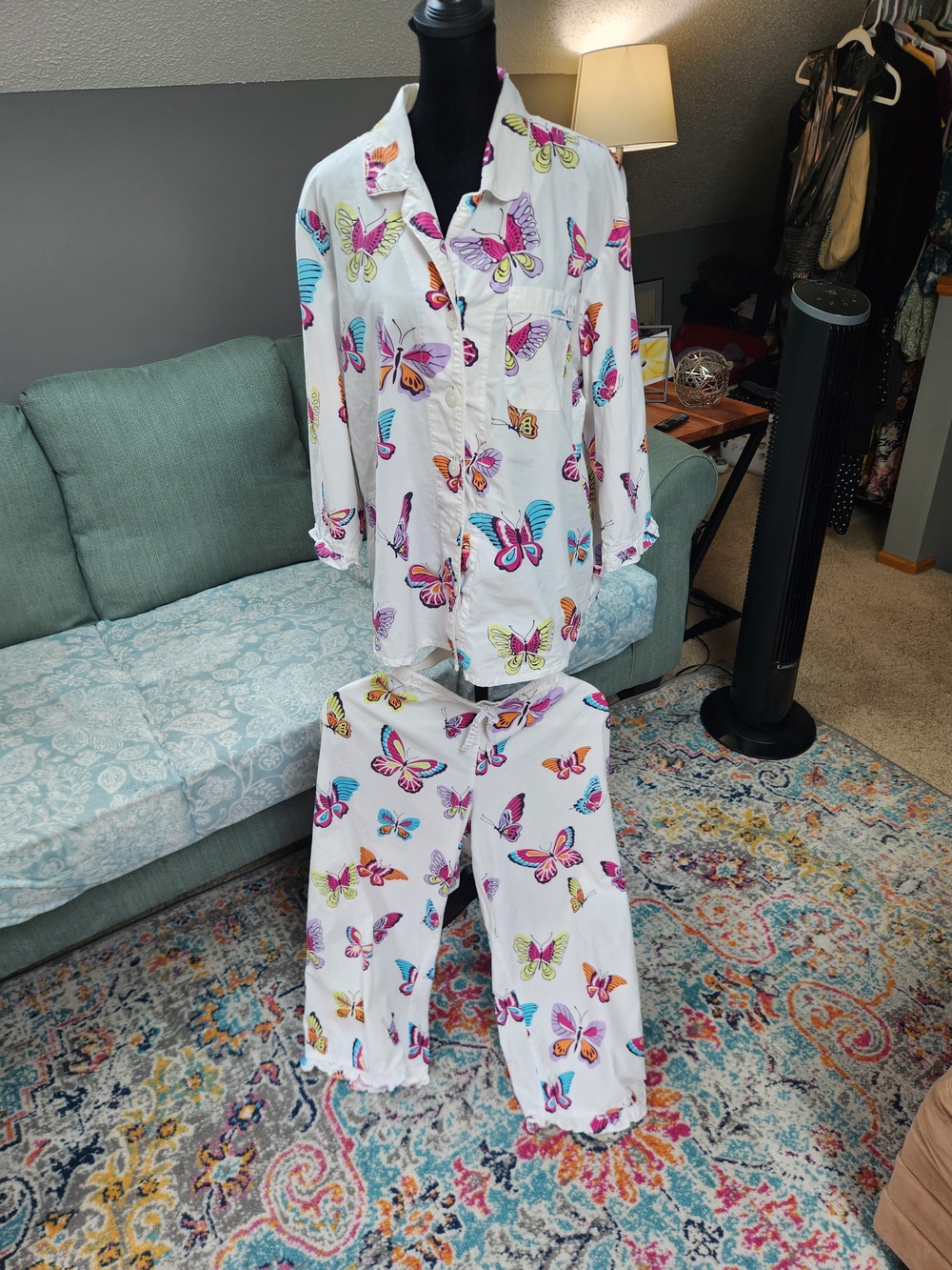 Nick & Nora Womens White Pajama Set with Colorful Butterfly Print Large Cotton